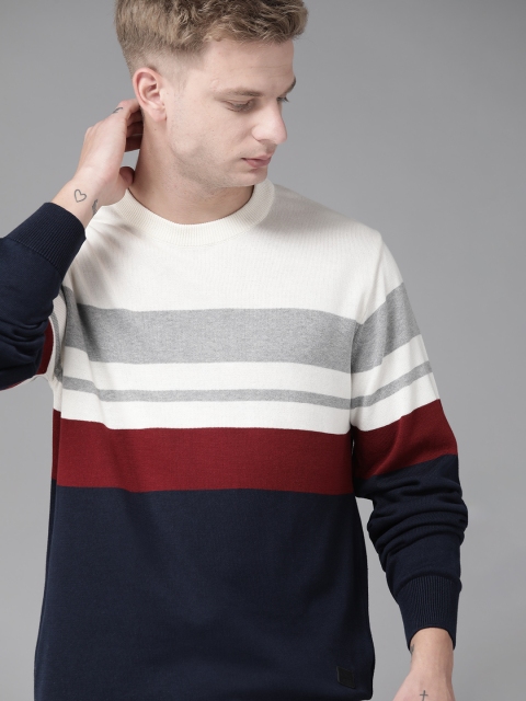 

Roadster Men White & Navy Blue Pure Cotton Striped Pullover Sweater
