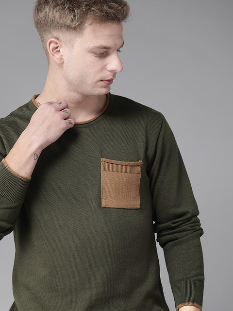 

Roadster Men Olive Green Solid Pullover Sweater