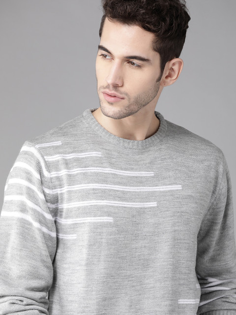 

Roadster Men Grey Melange & White Striped Pullover Sweater