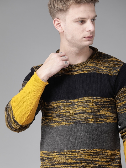 

Roadster Men Navy & Yellow Striped Acrylic Pullover, Navy blue