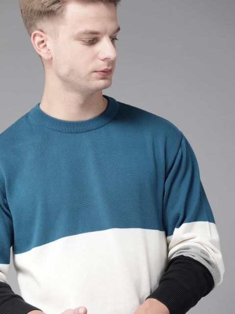 

Roadster Men Teal Blue & White Pure Cotton Colourblocked Pullover Sweater
