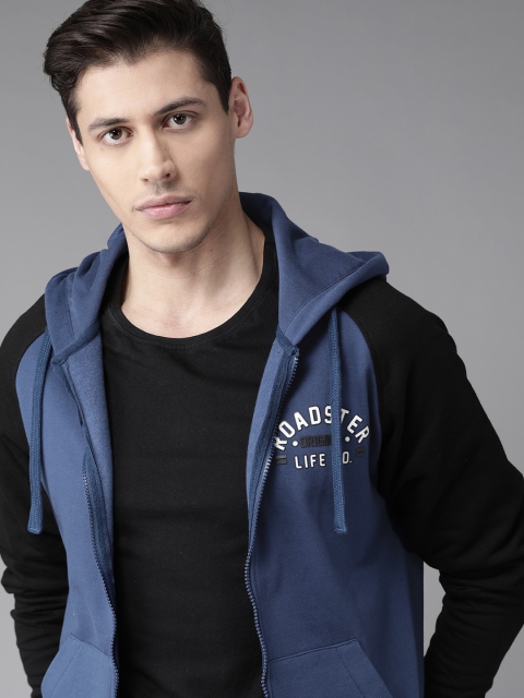 

Roadster Men Navy Blue & Black Solid Hooded Sweatshirt