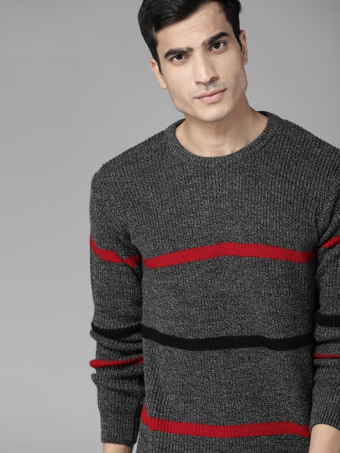 

Roadster Men Charcoal Grey & Red Striped Acrylic Pullover