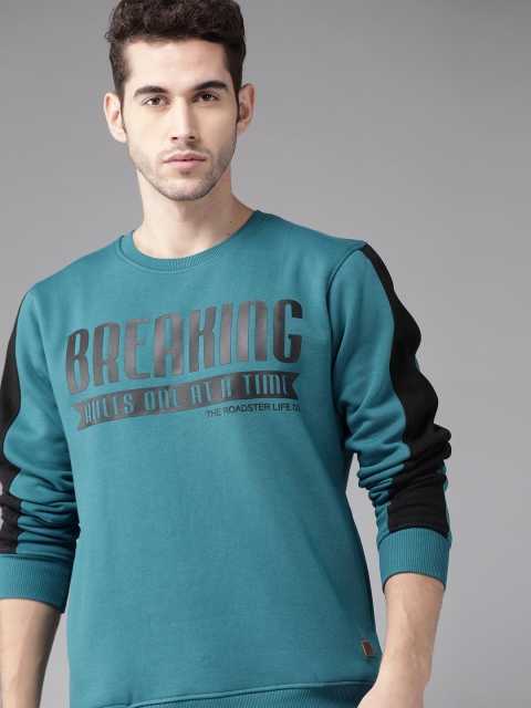 Men Teal Blue & Black Printed Sweatshirt
