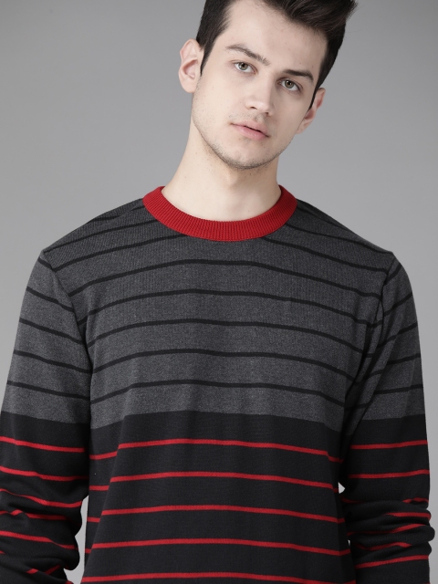 

Roadster Men Charcoal Grey & Black Cotton Striped Pullover