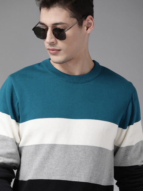 

Roadster Men Black & Teal Blue Colourblocked Pure Cotton Pullover