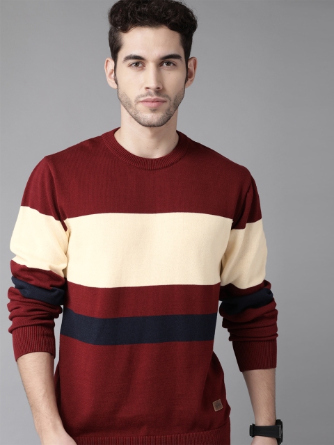 

Roadster Men Maroon & Cream-Coloured Striped Pullover