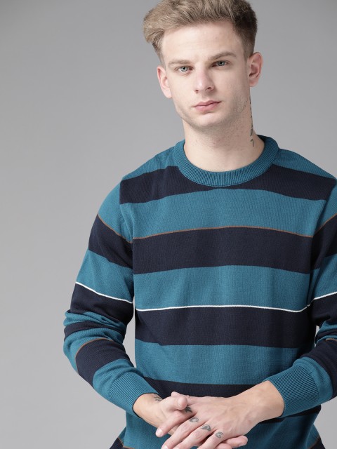 

Roadster Men Blue Pure Cotton Striped Pullover Sweater