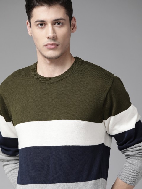 

Roadster Men Grey Melange & Olive Green Colourblocked Pure Cotton Pullover