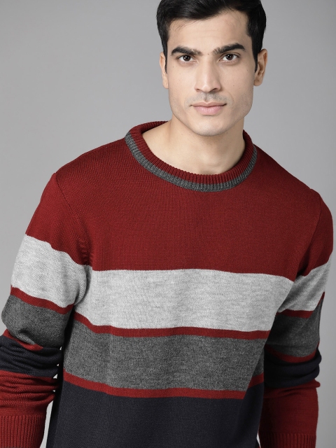 

Roadster Men Maroon & Grey Colourblocked Pullover