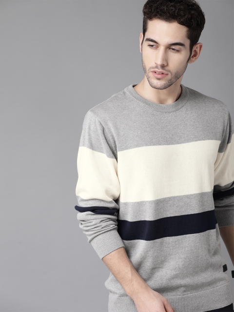 

Roadster Men Grey Melange & Off-White Striped Pullover