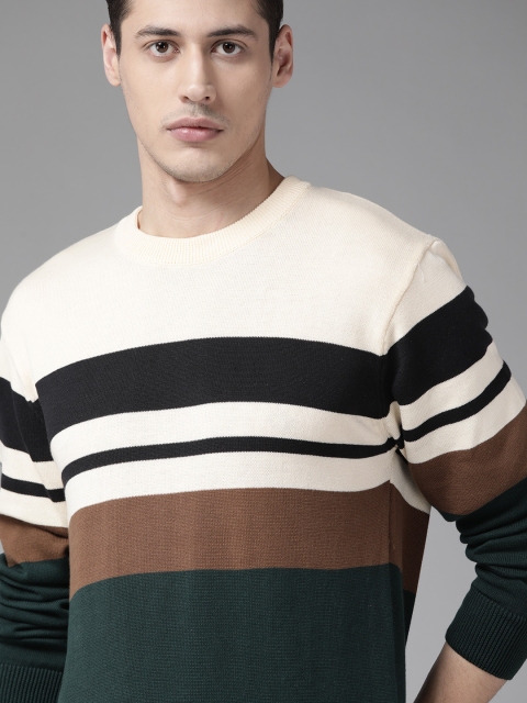 

Roadster Men Off-White & Green Striped Pure Cotton Pullover