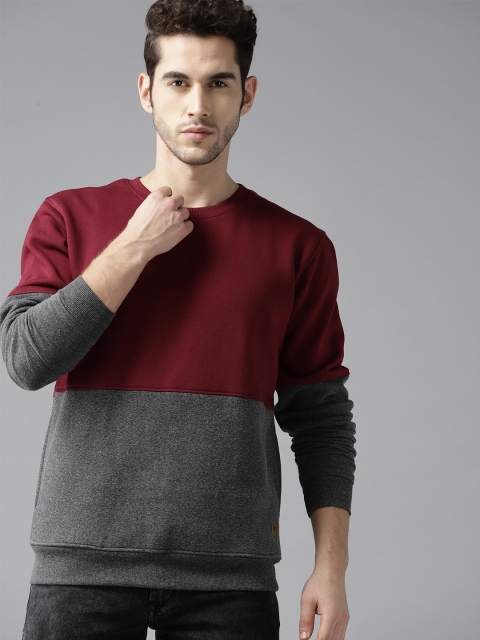 

Roadster Men Maroon & Charcoal Grey Colourblocked Sweatshirt
