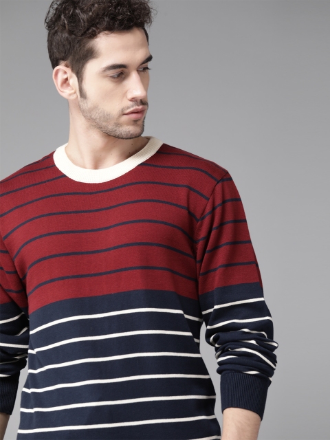 

Roadster Men Maroon & Navy Blue Pure Cotton Striped Pullover Sweater