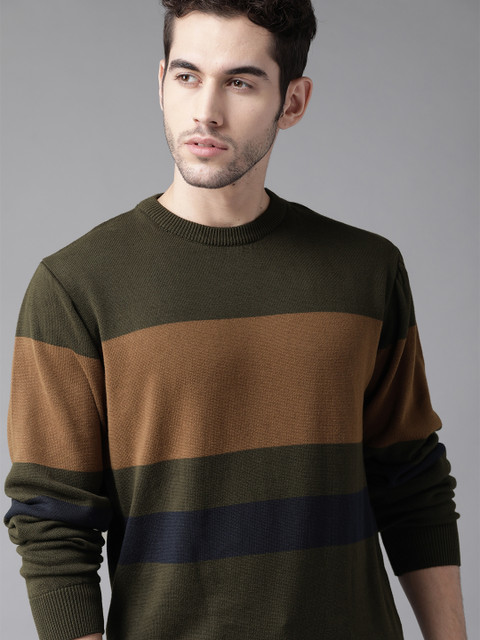 

Roadster Men Olive Green & Brown Striped Pullover