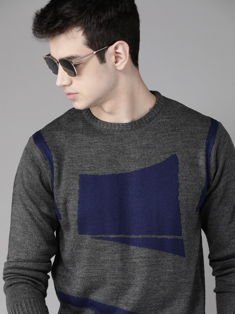 

Roadster Men Charcoal Grey & Navy Blue Self Design Acrylic Pullover