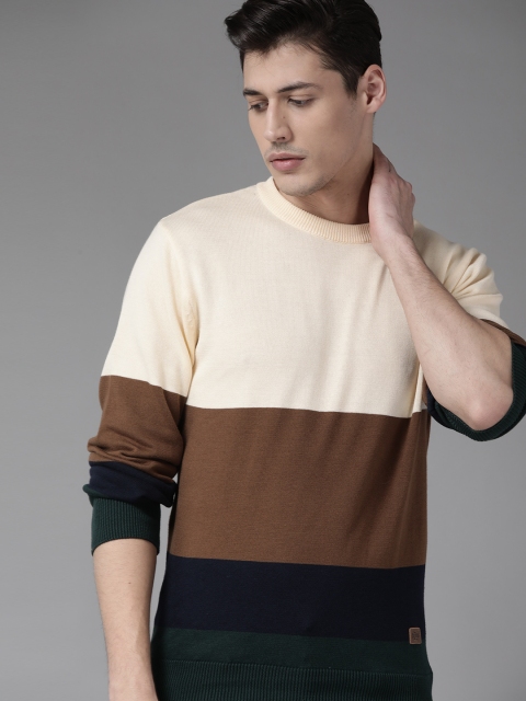 

Roadster Men Cream-Coloured & Olive Brown Colourblocked Pure Cotton Pullover