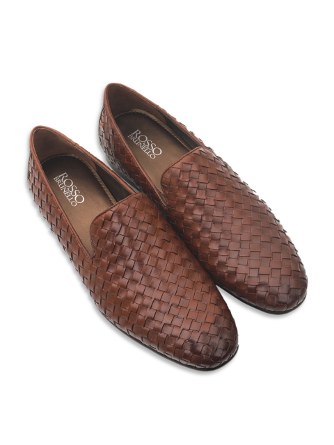 

ROSSO BRUNELLO Men Coffee Brown Woven Design Leather Party Slip-Ons
