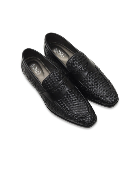 

ROSSO BRUNELLO Men Black Woven Design Leather Formal Loafers