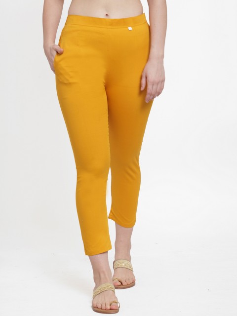 

TAG 7 Women Yellow Slim Fit Solid Cigarette Trousers