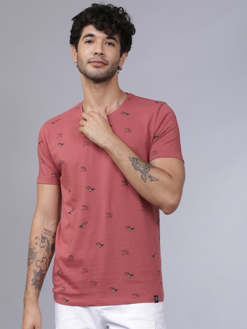 

LOCOMOTIVE Men Rust Red Slim Fit Printed Round Neck T-shirt