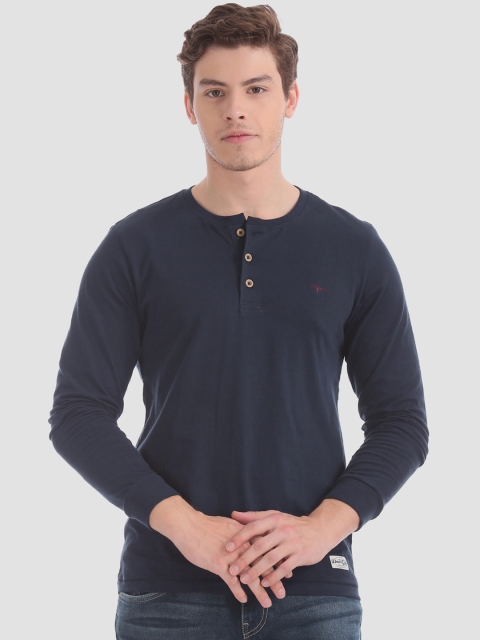 

Flying Machine Men Navy Blue Solid Henley Neck T-shirt