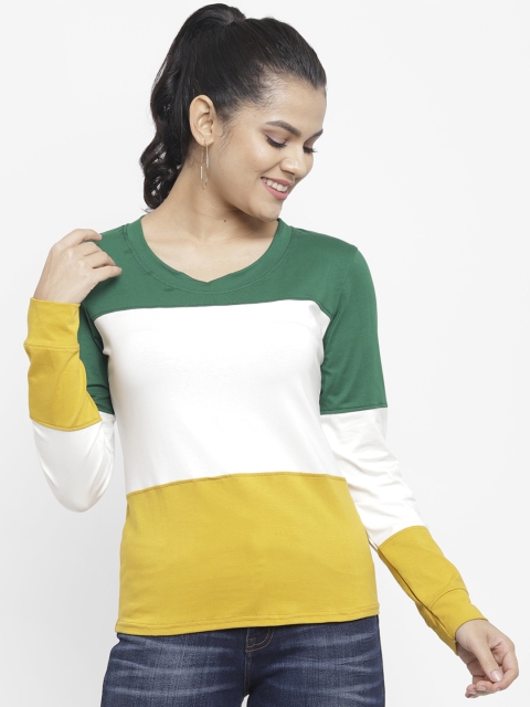 

N-Gal Women Green & White Colourblocked Round Neck T-shirt