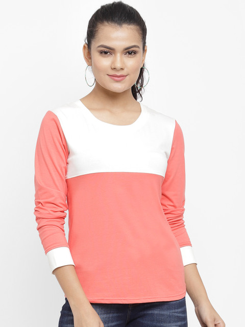 

N-Gal Women White & Peach Colourblocked Round Neck T-shirt