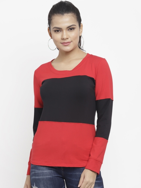 

N-Gal Women Red & Black Colourblocked Round Neck T-shirt