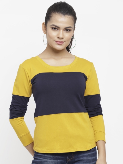 

N-Gal Women Yellow & Navy Blue Colourblocked Round Neck T-shirt