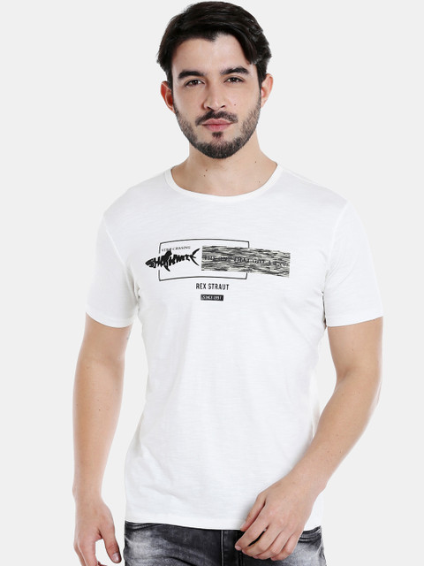 

Rex Straut Jeans Men White & Black Printed Round Neck T-shirt