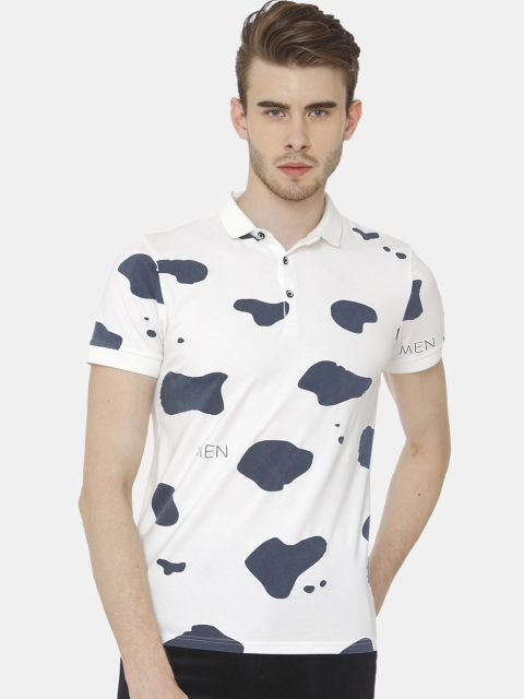 

Rex Straut Jeans Men White & Blue Printed Polo Collar T-shirt