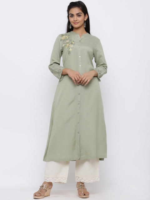 

Juniper Women Olive Green & Mustard Embroidered A-Line Kurta