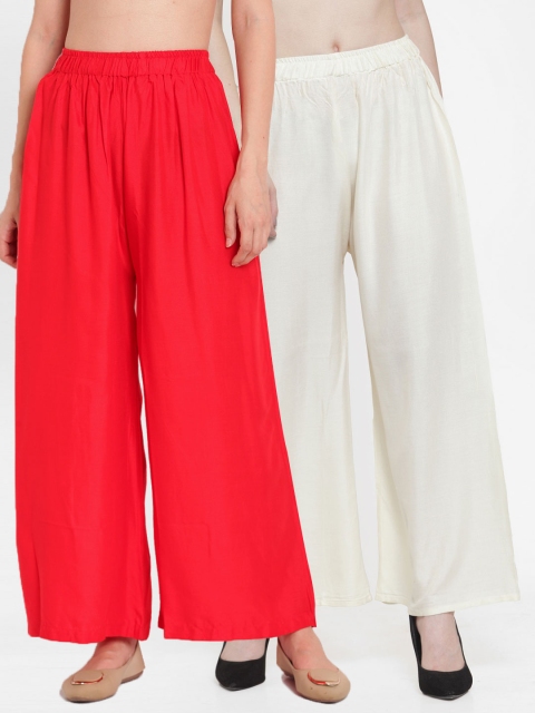 

TAG 7 Women Pack Of 2 Off-White & Red Solid Flared Palazzos