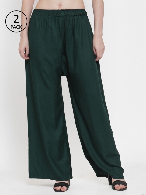 

TAG 7 Women Pack Of 2 Green Solid Flared Palazzos