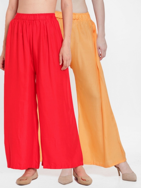 

TAG 7 Women Pack Of 2 Orange & Red Solid Flared Palazzos