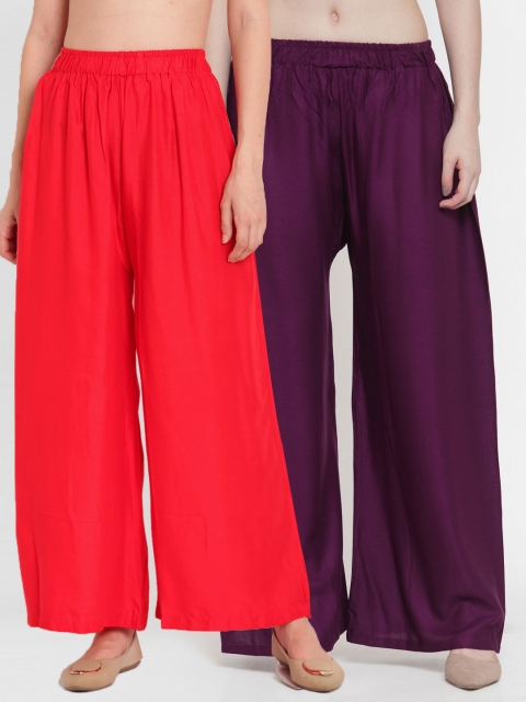 

TAG 7 Women Pack Of 2 Purple & Red Solid Flared Palazzos