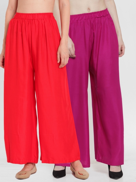 

TAG 7 Women Pack Of 2 Magenta & Coral Red Solid Flared Palazzos