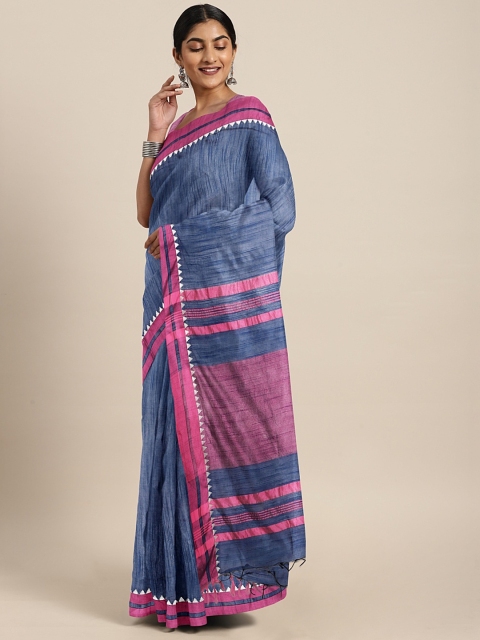 

aamna Navy Blue & Pink Silk Cotton Solid Bhagalpuri Saree