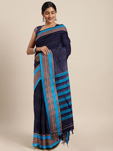 

aamna Navy Blue Silk Cotton Solid Handloom Narayan Peth Saree