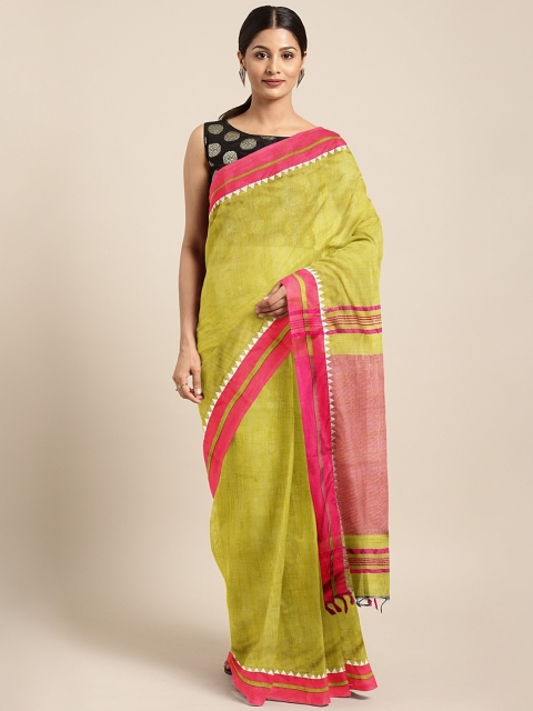 

aamna Yellow & Pink Silk Cotton Solid Bhagalpuri Saree