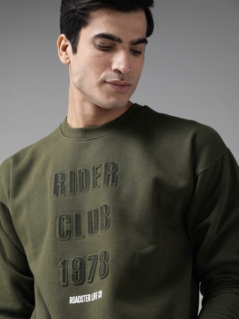 

Roadster Men Olive Green Embossed Printed Sweatshirt