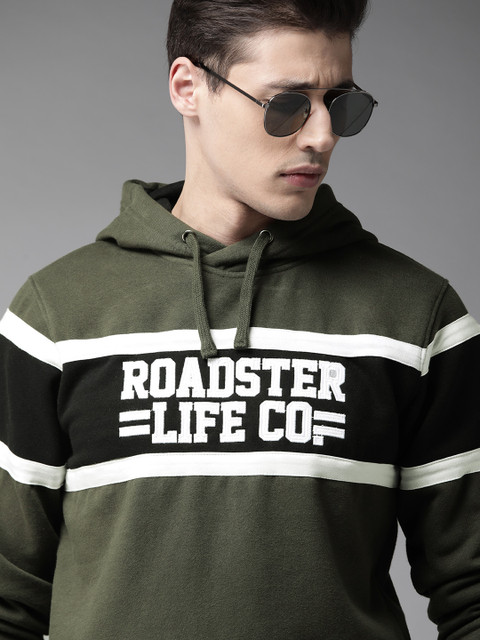 

Roadster Men Olive Green & Black Embroidered Hooded Sweatshirt