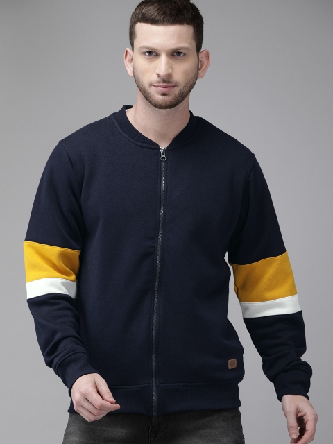 

Roadster Men Navy Blue Solid Front-Open Sweatshirt With Striped Sleeves