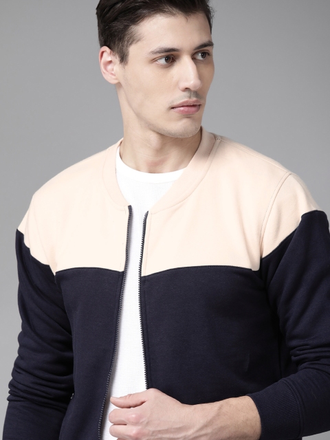 

Roadster Men Cream-Coloured & Navy Blue Colourblocked Front-Open Sweatshirt