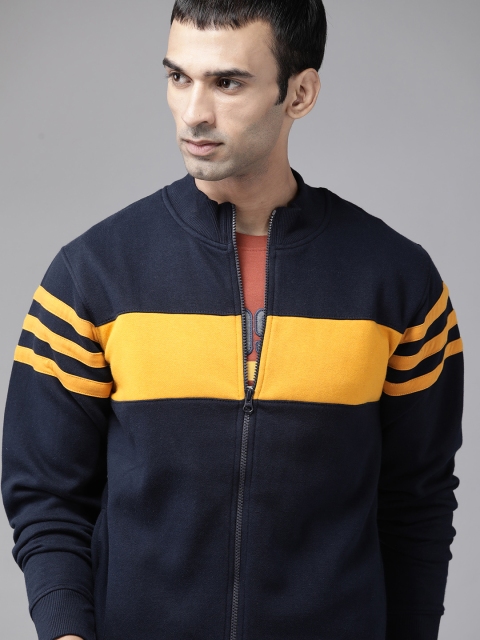 Men Navy Blue & Mustard Yellow Striped Sweatshirt