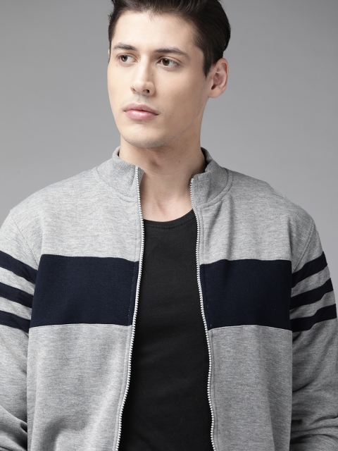 

Roadster Men Grey Melange & Navy Blue Colourblocked Sweatshirt with Striped Detail
