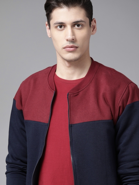 

Roadster Men Maroon & Navy Blue Colourblocked Front-Open Sweatshirt