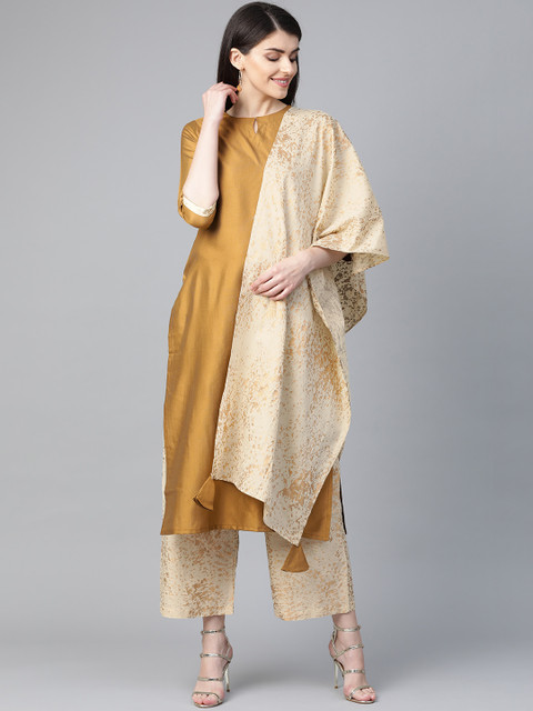 

Indo Era Women Olive Brown & Cream-Coloured Solid Kurta with Palazzos & Dupatta