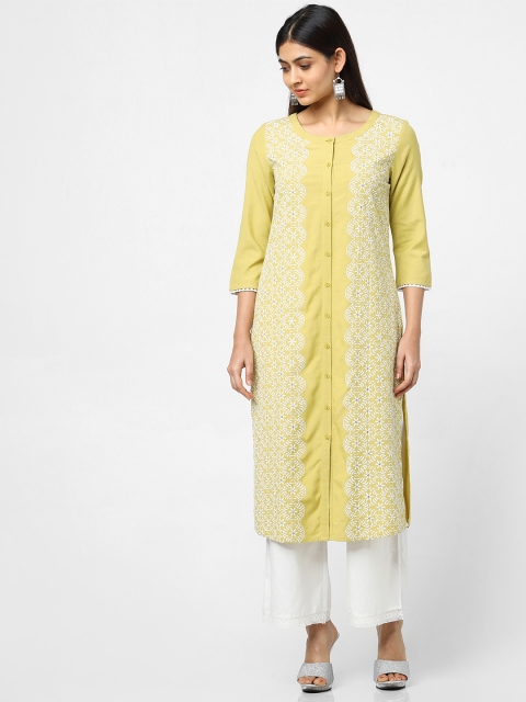 

Naari Women Lime Green & White Embroidered Straight Kurta